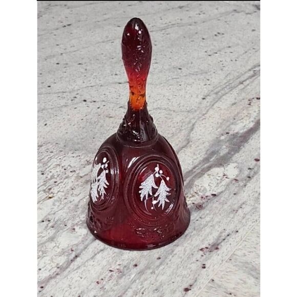 Vintage Fenton Ruby Red Amberina Handle, Bell, Christmas, Holly | Signed B.Nash - Picture 2 of 5